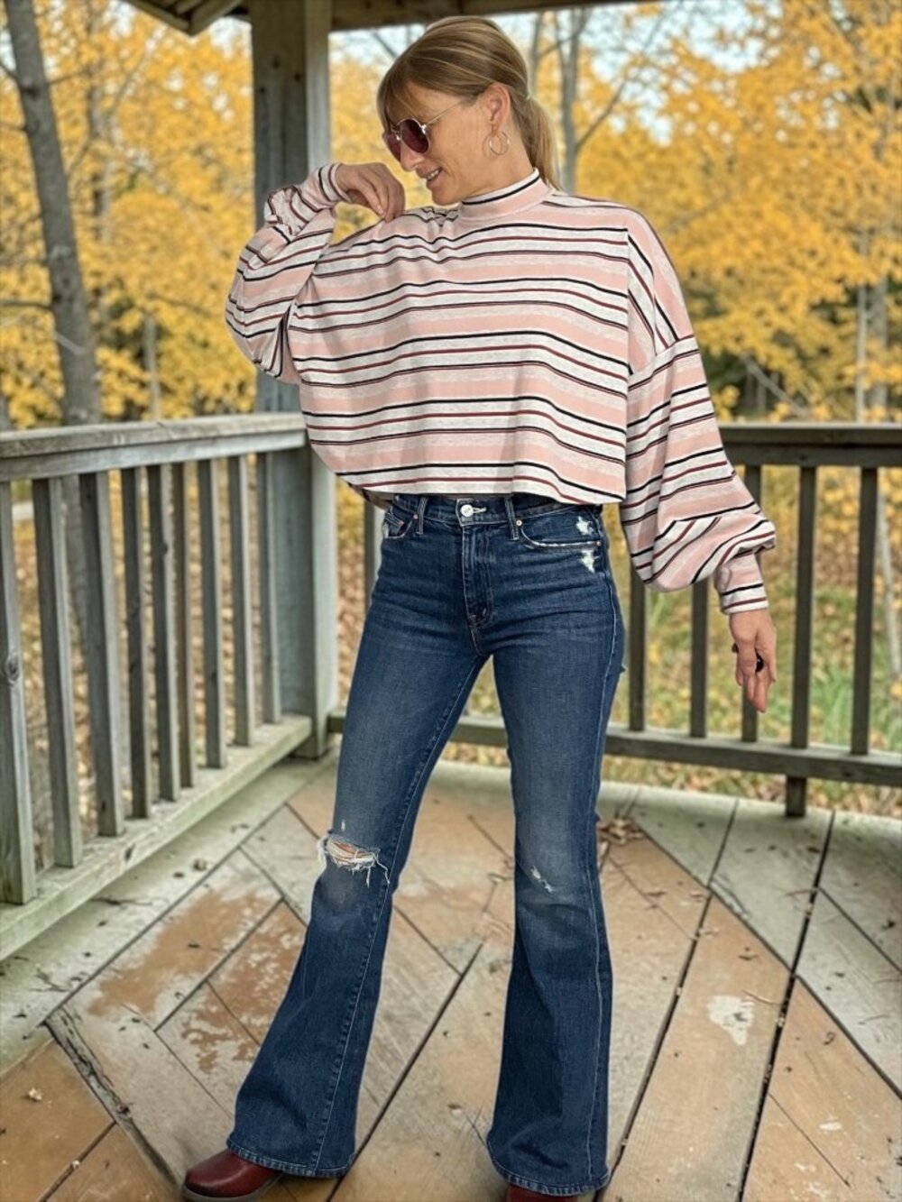 Free People Steph Pullover XS Heather Pastel Stripe Mock Neck Balloon Sleeve